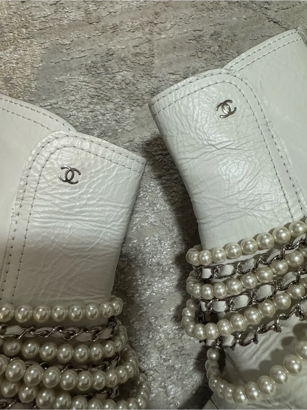 Chanel White Calfskin Pearl Chain CC Short Boots Size 39 or US 8.5